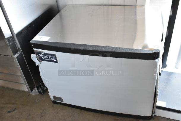 Avantco ice machine in good condition; metallic finish, manufacturing label visible. Suitable for commercial use.