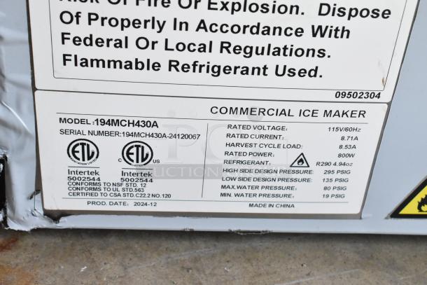 Label on commercial ice maker model 194MCH430A, 115V/60Hz, 800W, ETL certified, made in China, production date 2024-12.