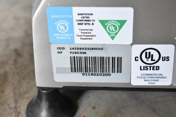 UL and NSF classified commercial food-preparing machine label, showing codes 1425SH3328WVO and P160336, barcode 0116020200.