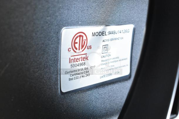 Close-up of a product label on a black surface. Model: 944BJ14126G, Intertek certification, household use only, date code 0724.