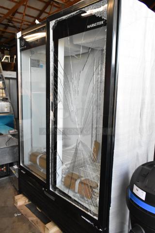 Commercial display refrigerator with broken glass door, Marketeer brand, sold as-is, for parts or repair.