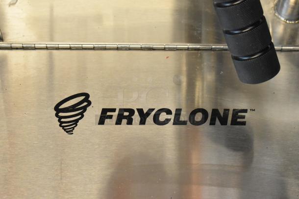 Stainless steel commercial fryer with "Fryclone" branding and black textured handle, in excellent condition.