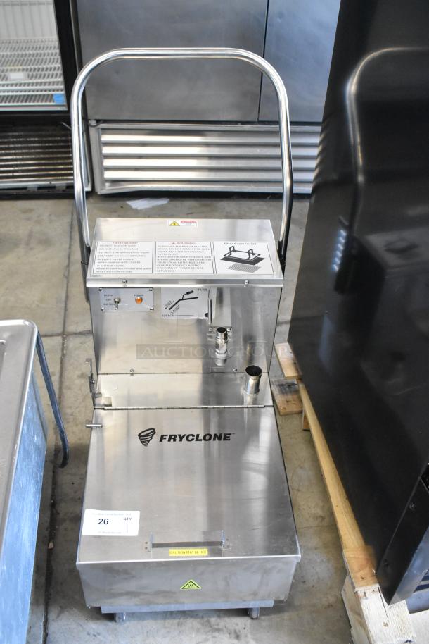 Fryclone fryer oil filter machine, stainless steel, with control panel, indicator markings, and caution labels. Model in good condition.