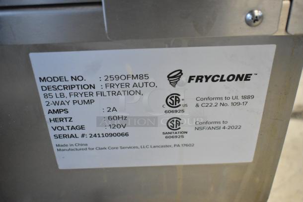 Fryclone fryer label showing model 259OFM85, 85 lb capacity, 120V, NSF certified, made in China.
