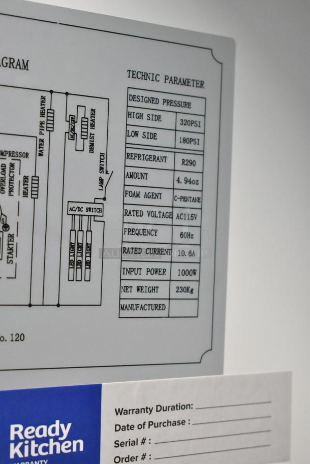 Technical parameters label with diagram and specifications: pressure, refrigerant R290, voltage AC115V, power 1000W, weight 230kg.