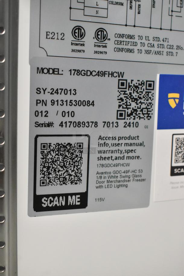 Avantco model 178GDC49FHCW freezer label with specs, QR code for product info, and certification markings.