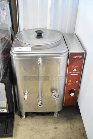 Avantco commercial heat soup kettle with adjustable temperature control, stainless steel, caution "Hot Surfaces" label, item 28.