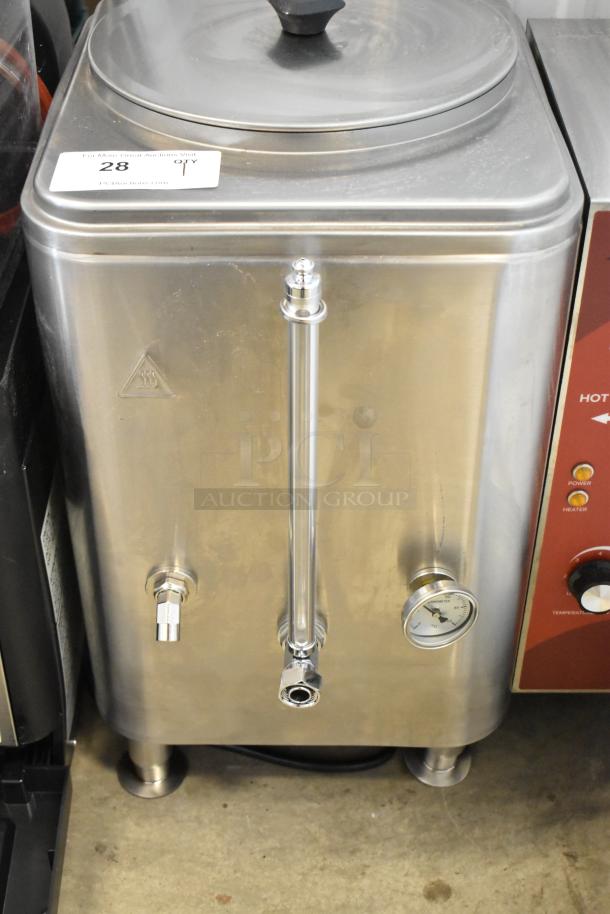 Stainless steel water boiler with temperature gauge, side controls, and top lid. Tag marked "28". Good condition.