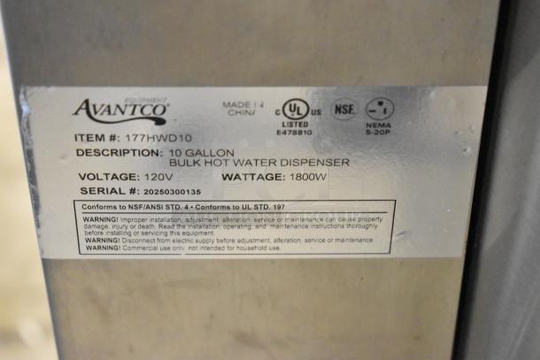 Avantco 10-gallon bulk hot water dispenser, item #177HWD10, 120V, 1800W, serial #20250300135, NSF/ANSI compliant.