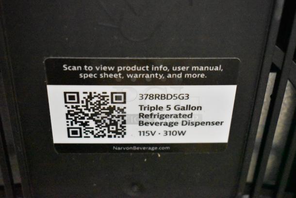 QR code label for Narvon Triple 5 Gallon Refrigerated Beverage Dispenser, 115V, 310W, with product and warranty info.
