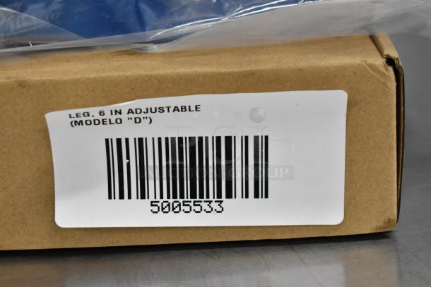 Box with label showing "Leg, 6 in Adjustable (Modelo D)" and barcode 5005533. Item in sealed packaging, new condition.