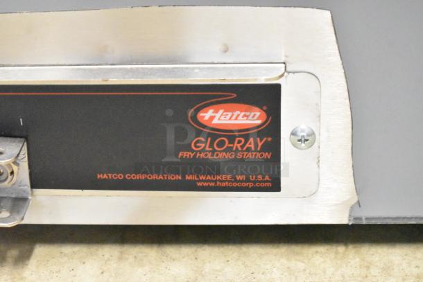 Hatco Glo-Ray fry holding station, stainless steel, made in Milwaukee, USA. Features a red and black label.
