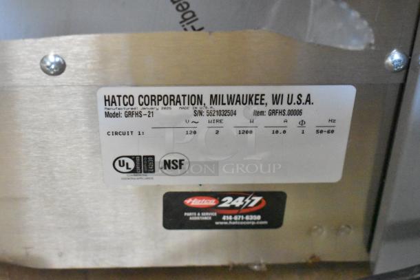 Hatco Corporation appliance label, Model GRFHS-21, 120V, 1200W, UL and NSF certified, manufactured January 2025, Milwaukee, USA.
