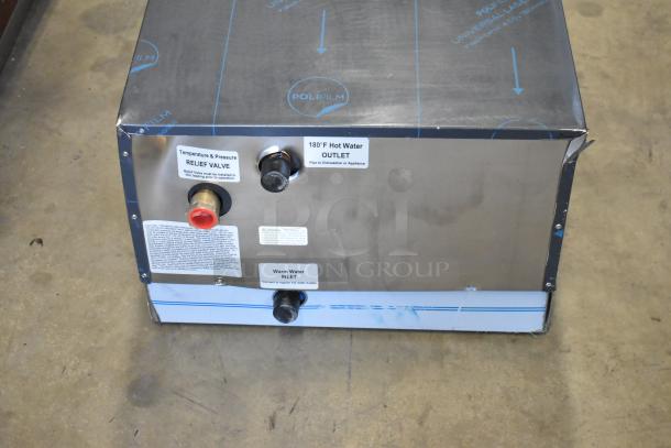 Industrial water heater with labeled outlets for 180°F hot water. Features temperature/pressure relief valve. New condition.