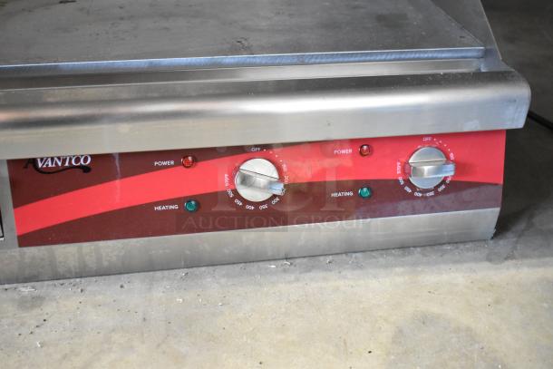 Avantco commercial countertop griddle with dual temperature controls, stainless steel body, red control panel with clear markings.