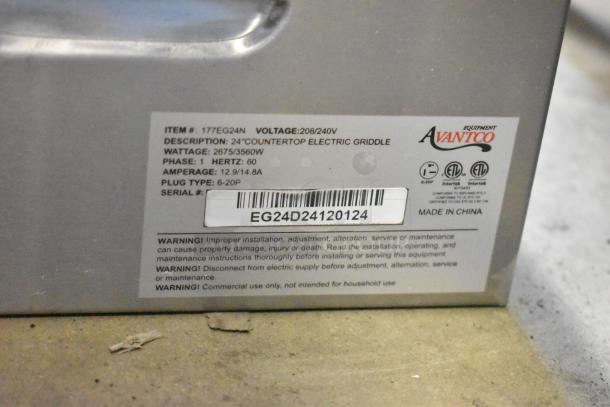 Avantco 24" countertop electric griddle, 2675/3560W, 208/240V, serial EG24D24120124, made in China, commercial use only.