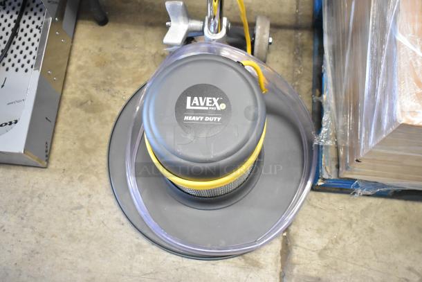 Lavex Pro heavy-duty floor buffer, gray and yellow, excellent condition, features durable construction and ergonomic handle.