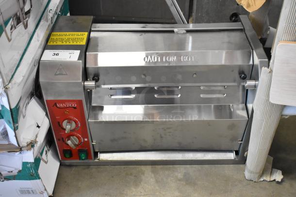 Avantco countertop conveyor toaster, stainless steel, adjustable heat and speed controls, "Caution Hot" marking, good condition.