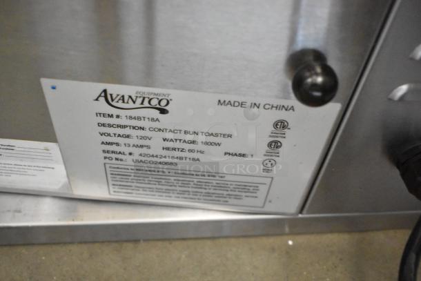 Avantco contact bun toaster, item #184BT18A, 1600W, 120V, 13 Amps, ETL certified, serial #4204424184BT18A, made in China.