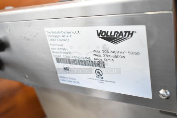 Vollrath fryer head label displaying model FFE800, item 351790-1, volts 208-240V, watts 2700-3600W, amps 13-15A.