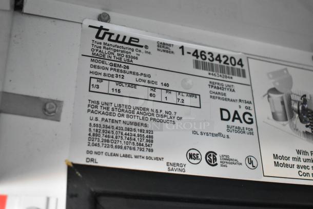 True GEM-26 refrigeration unit label, serial 1-4634204. Specs: 1/3 HP, 115V, R134A refrigerant, NSF certified.