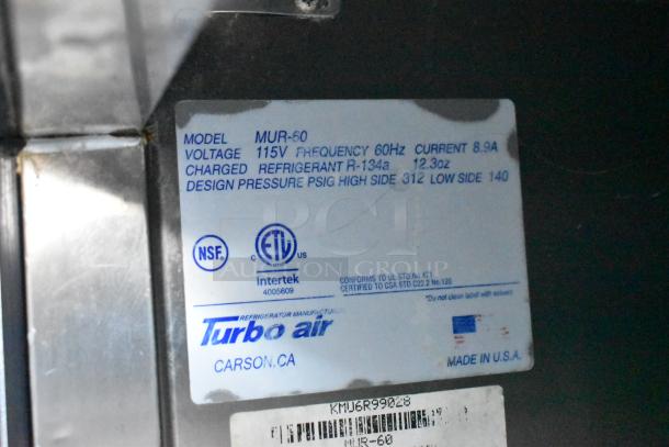 Turbo Air refrigerator label, Model MUR-60, 115V, R-134a refrigerant, made in USA, NSF and ETL certified.