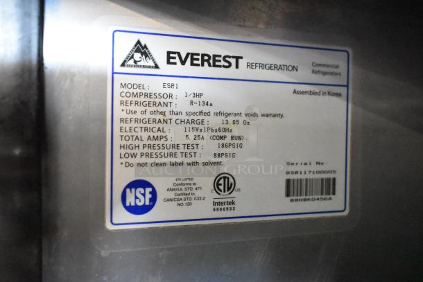 Label on Everest commercial refrigerator model ESR1; 1/3 HP compressor, R-134a refrigerant, 115V, 5.25A. Serial: BSR117100005.