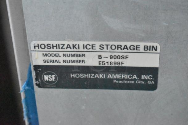 Hoshizaki Ice Storage Bin label, Model B-900SF, Serial E51896F, NSF certified, made by Hoshizaki America, GA.