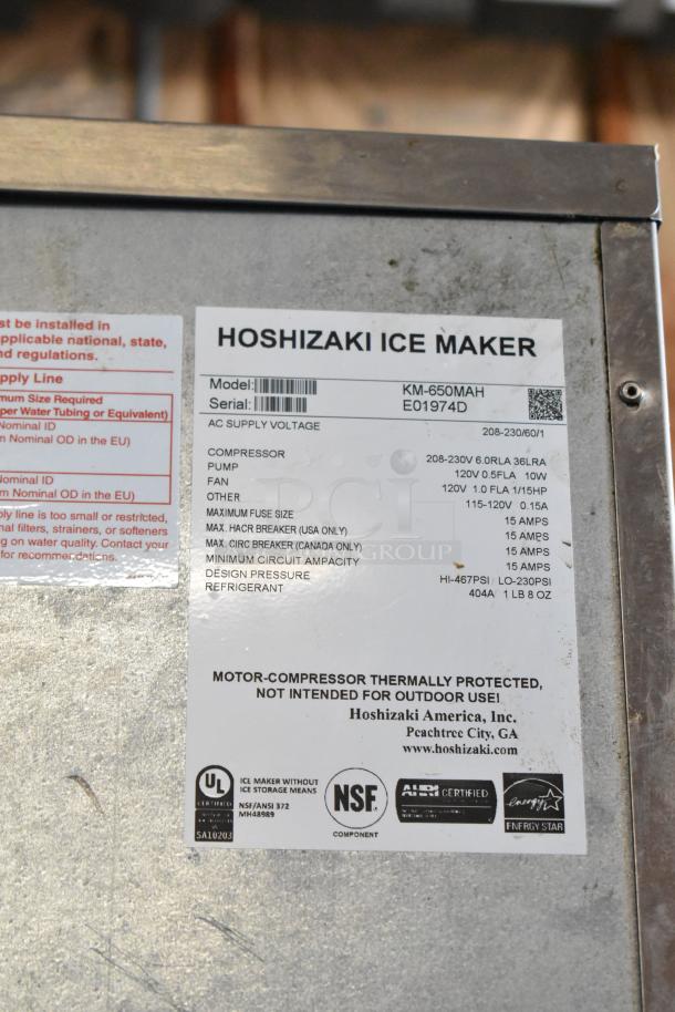 Hoshizaki ice maker, model KM-650MAH, serial E01974D. UL, NSF certified. For indoor use only. 208-230V, 60Hz, 15 amps.
