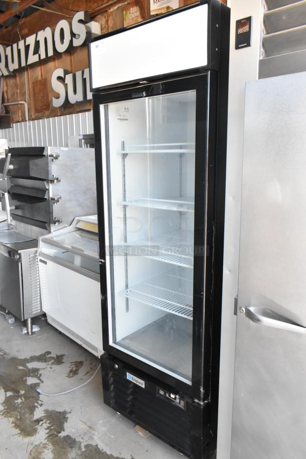Empura commercial glass door refrigerator, black, with four shelves, in good condition. Model label on front.