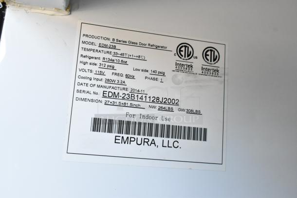 Label for Empura B Series Glass Door Refrigerator, Model EDM-23B, manufactured 2014, temperature 33-45°F, 115V, indoor use.