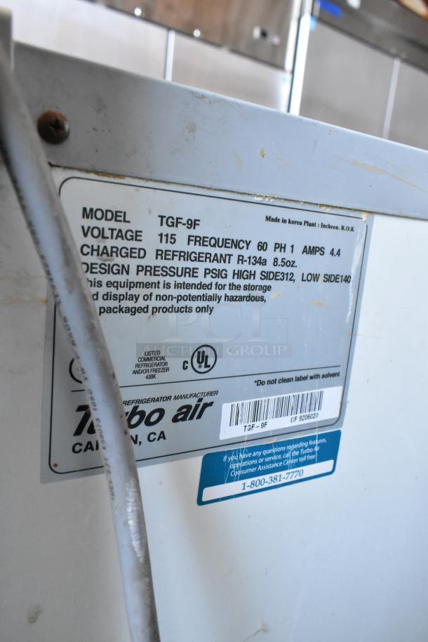 Turbo Air model TGF-9F label, 115V, R-134a refrigerant. Used, visible wear. UL listed commercial refrigerator/freezer.