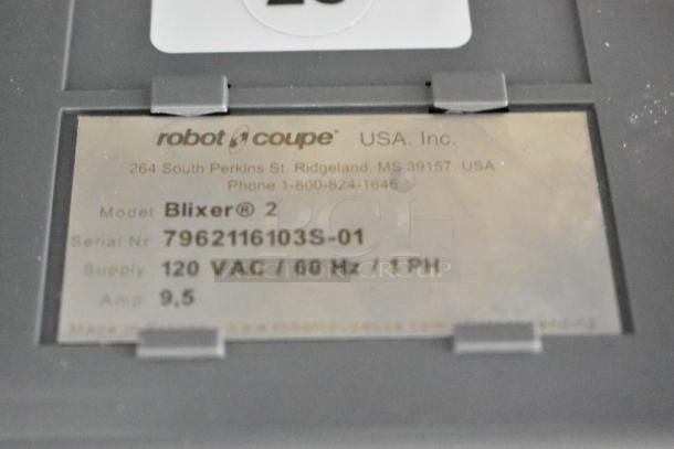 Robot Coupe Blixer 2 label; 120 VAC, 60 Hz, 1 PH; Serial 7962116103S-01, 9.5 Amps, USA-made.