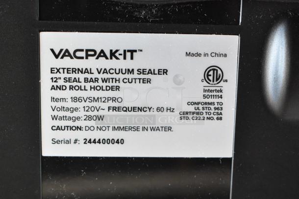 VACPAK-IT external vacuum sealer label, model 186VSM12PRO, 12" seal bar, 280W, 120V, serial #244400040, Made in China.