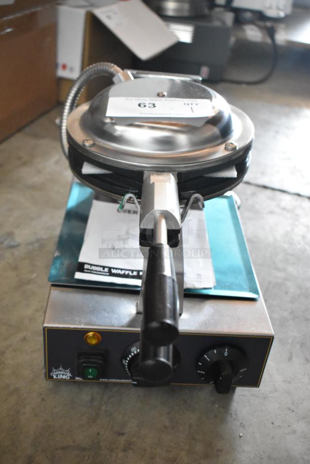 Carnival King bubble waffle maker, stainless steel, adjustable temperature knobs, handle, and visible auction label "63".