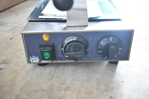 Carnival King 382BWM30 waffle maker, featuring dual control knobs and power switch, in good condition.