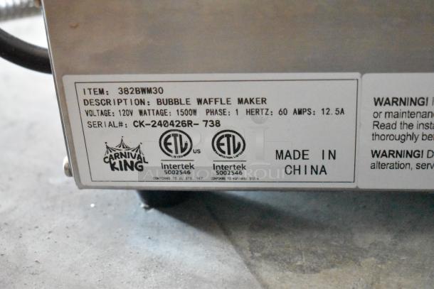 Carnival King Bubble Waffle Maker, Item 382BWM30, 120V, 1500W, ETL certified, made in China, serial CK-240426R-738.