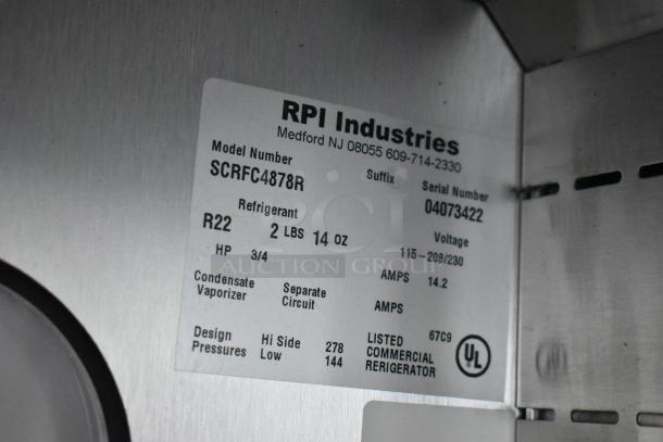RPI Industries commercial refrigerator, Model SCRFC4878R, uses R22 refrigerant, 3/4 HP, 14.2 AMPS, UL listed.