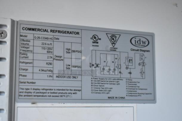 Commercial refrigerator label showing model G-26-C334B-HC, 22.6 cu.ft., R290 refrigerant, indoor use only. Made in China.