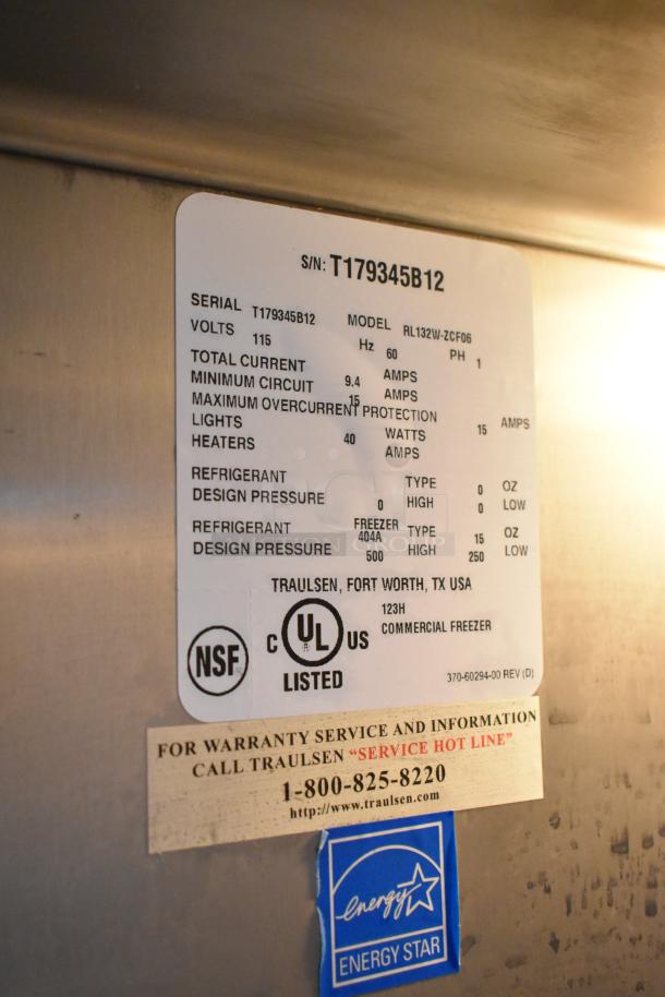 Traulsen commercial freezer label, model RL132W-ZCF06, 115 volts, NSF and UL listed, Energy Star certified.