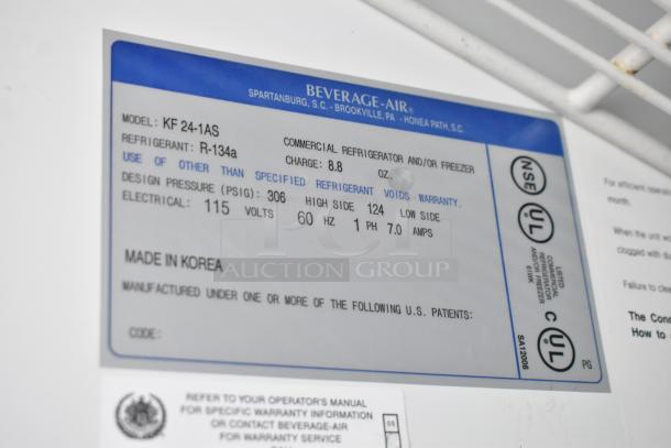 Beverage-Air commercial refrigerator label showing model KF 24-1AS, refrigerant R-134a, 8.8 oz charge, made in Korea.