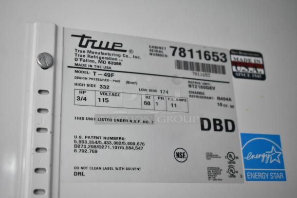 True Manufacturing Model T-49F label, 115V, made in USA. Features NSF, Energy Star logo, refrigerant R404A. Serial 7811653.