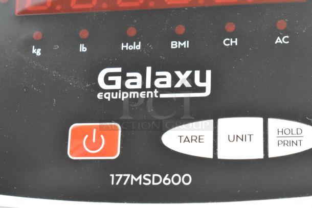Galaxy Equipment digital scale, model 177MSD600, featuring controls for tare, unit, hold/print, and power.