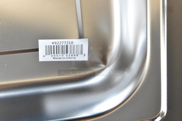 Stainless steel tray with a barcode label showing "#92277210," "Made in China," in new condition.