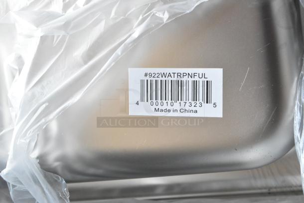 Silver tray wrapped in plastic, labeled "#922WATRPNFUL", barcode, "Made in China". New condition.