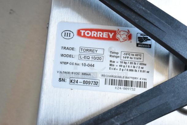 Torrey scale label, Model L-EQ 10/20, Voltage 6VDC, Temp Range -10ºC to 40ºC, SN: K24-009732, made in Mexico.