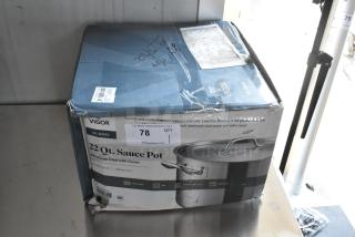 Vigor 22 Qt. Sauce Pot with cover in box, aluminum clad, SS1 series. Box is worn and taped, auction sticker #78 visible.