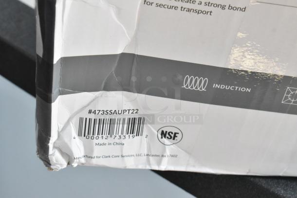 Damaged product box with barcode #473SSAUPT22, induction symbol, NSF label, made in China.