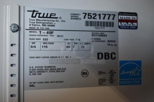 True T-49F refrigeration unit label showing model, serial number 7521777, made in USA, Energy Star certified.