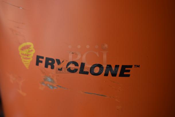 Orange FRYCLONE container with visible scratches and wear, featuring a yellow spiral logo and bold black text.